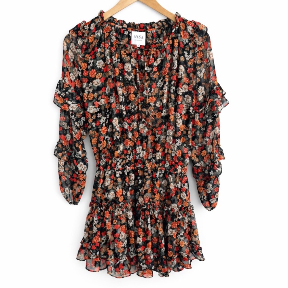 MISA Los Angeles Rizou Floral Smocked Mini Dress Long Sleeve Boho S - Picture 3 of 12
